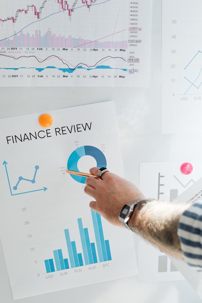 our-story Hand pointing at a financial chart on a wall, illustrating data analysis and review.